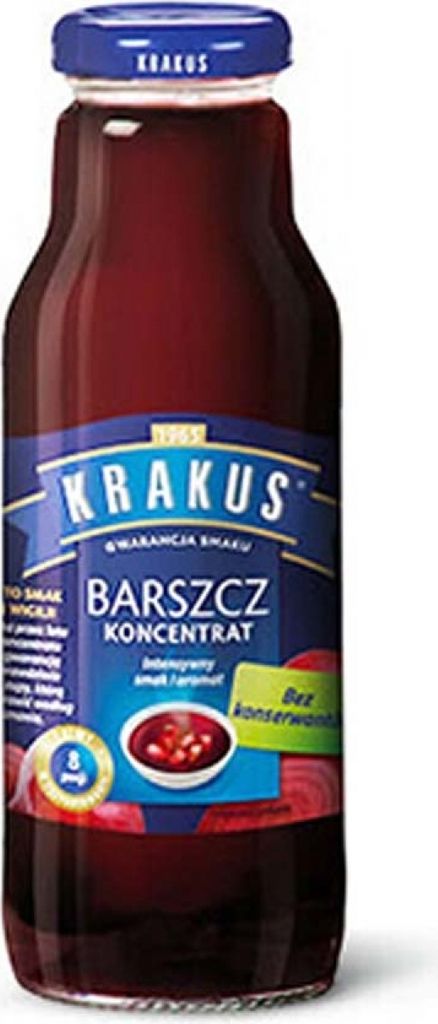 A bottle of Krakus beetroot soup concentrate.