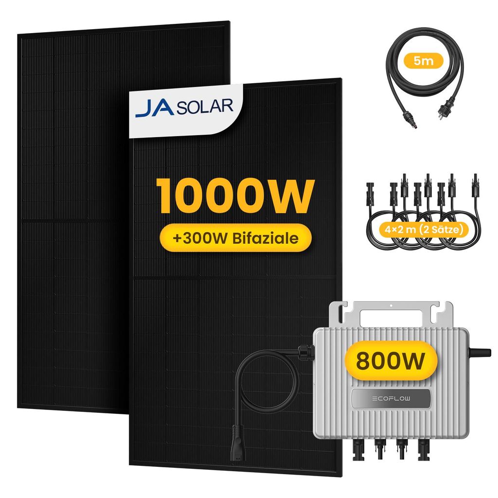 Powerness Balkonkraftwerk, 2x JA Solar 500W Bifazial Glas-Glas Module und EcoFlow STREAM 800W Mikro-Wechselrichter,4x MC4 Kabel für Balkonkraftwerk