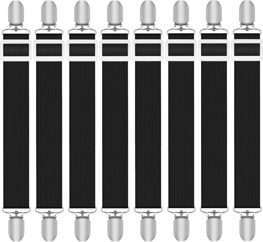 Spannbettlaken-Befestigungsbänder, 8 Stück, verstellbare Gummibänder von 30 bis 130 cm, schwarze Bänder für Matratze und Bügelbrett