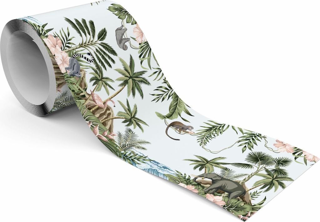 Muralo Selbstklebende Bordüre Tapetenbordüre wilde Tiere tropische Pflanzen Wandtattoo