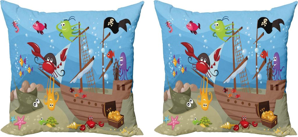 ABAKUHAUS Pirat Kissenbezug Set (2Stück), Cartoon-Schiff unter dem Meer entdeckt von Sea Animals Schatztruhe Marine Adventure, 40 x 40 cm, Mehrfarbig