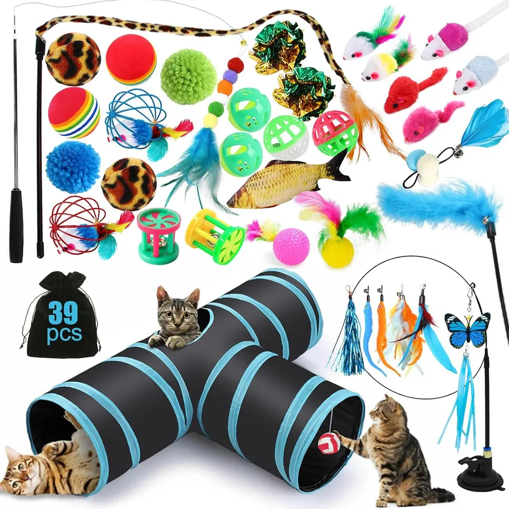 Stop à l'ennui : set de 39 jouets pour chats avec tunnel et peluches