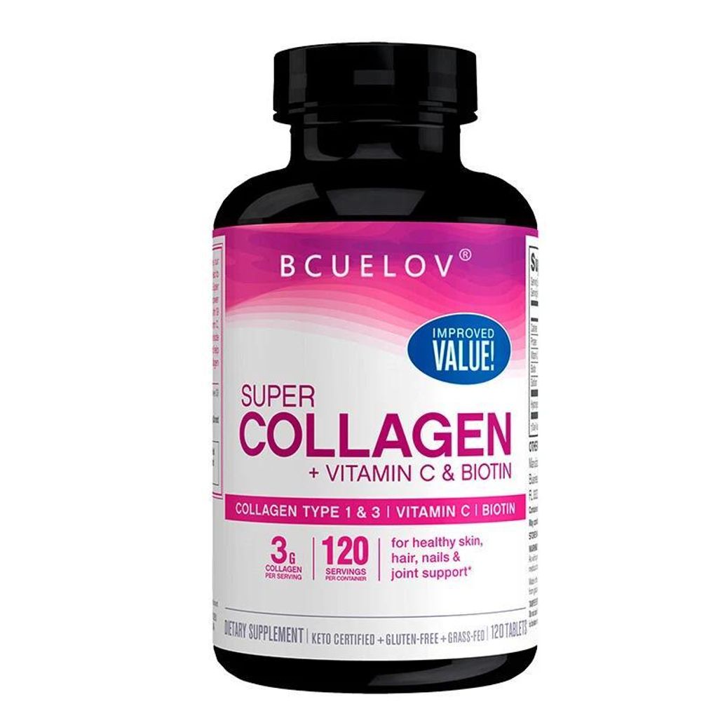 Super Collagen + Vitamin C + Biotin (120 Kapseln) Nahrungsergänzungsmittel, Haut, Gesichtspflege, Nägel, Knochen, Hautaufhellung, Hautgesundheit