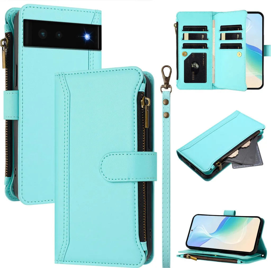 Custodia per Google Pixel 6, con cerniera, portafoglio in Finto cuoio con tasche per carte, supporto e passante verde menta