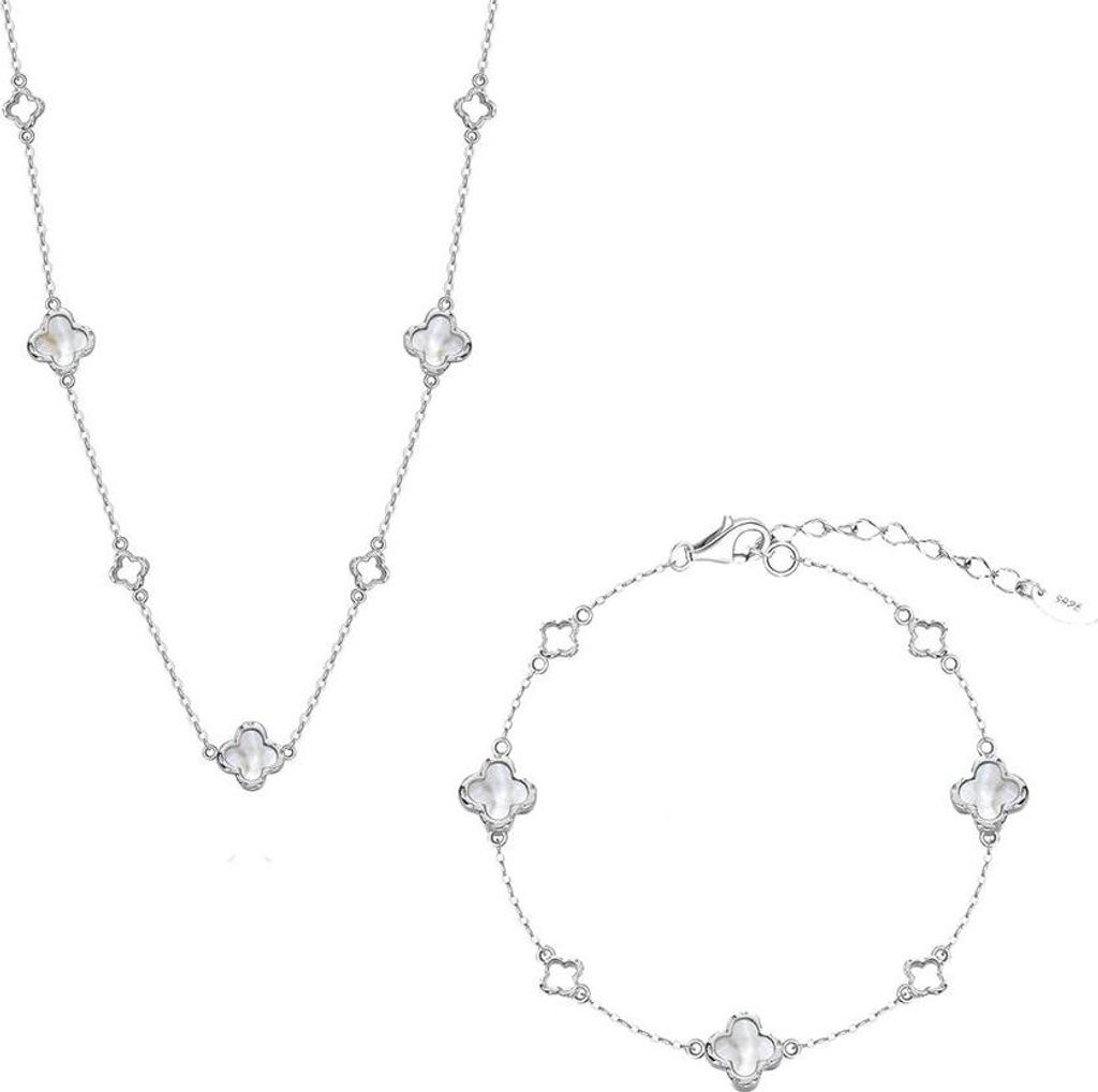 Suzan Gold Schmuckset Damen aus 925 Silber mit Perlmutt-Kleeblatt | Halskette & Armband Lunafleur | Eleganter Glücksschmuck, wasserfest & | Gesc...