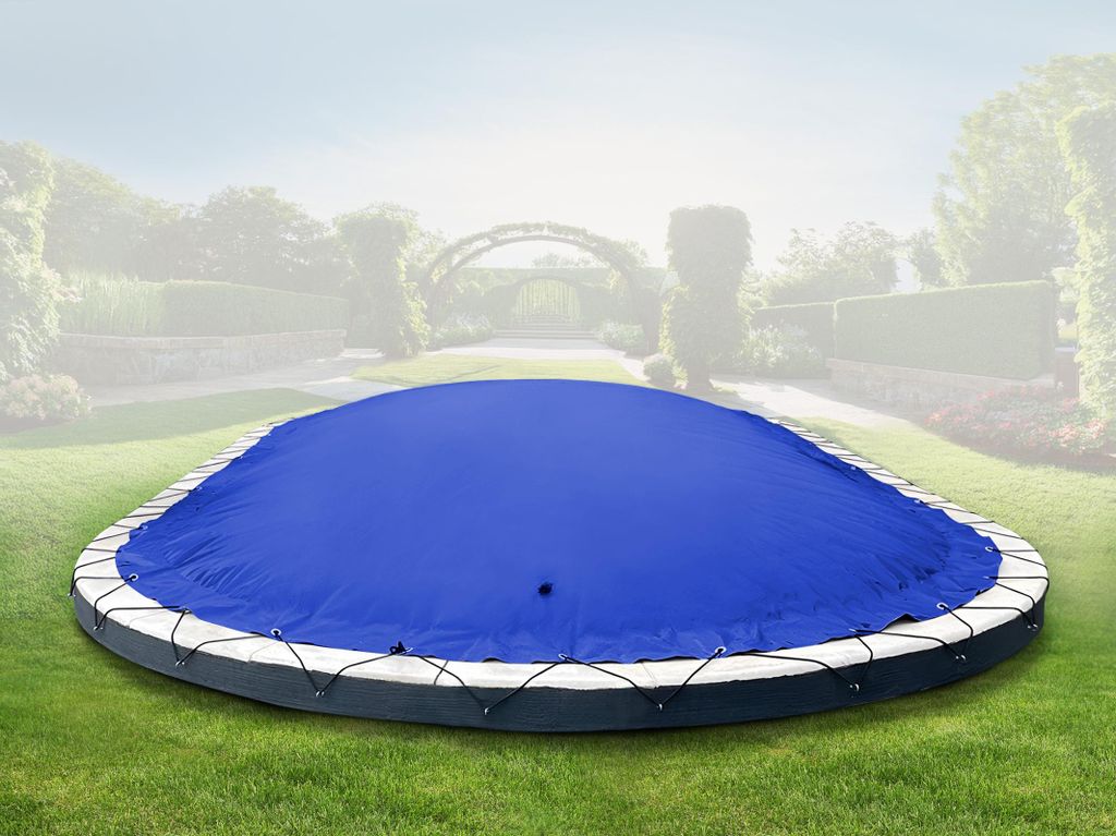 AirDeluxe Ovale aufblasbare Poolplane Schwimmbad Abdeckung (4,90m x 3,00m, Blau) INKL. elektr. Luftpumpe, Abdeckung aus LKW-Plane - stabile Winte...