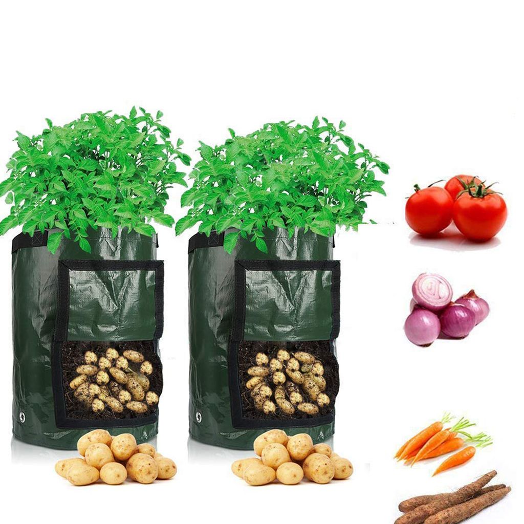 Karotten Kartoffel Pflanzbeutel Grün Tomaten （Schwarz GoaKitum 2er Pack Pflanztasche mit sichtbarem Fenster und Griffen 7 Gallonen Vliesstoff Gartenpflanzbehälter für Kartoffeln 