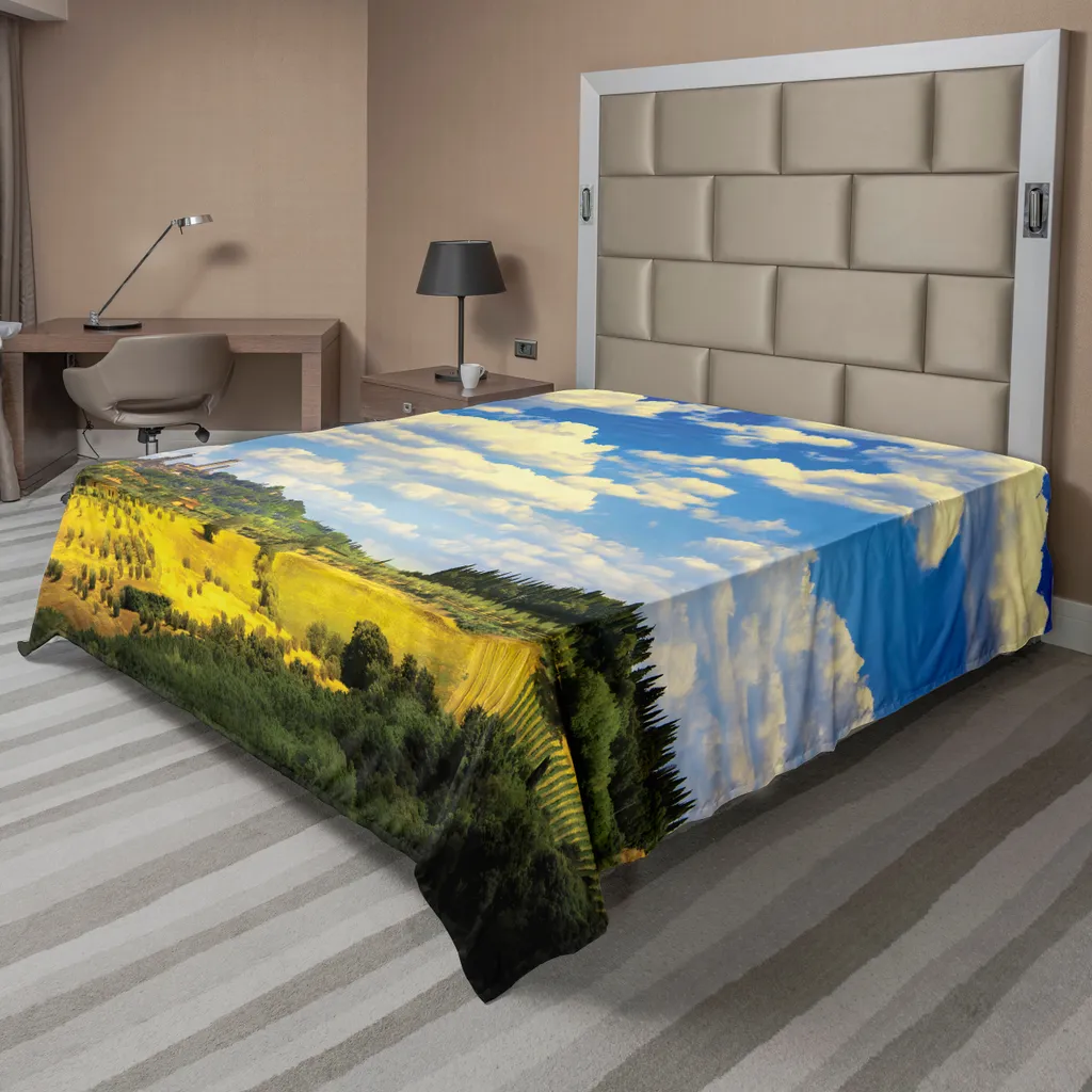 Drap décoratif doux motif paysage rural italien 275x260 cm vert et bleu