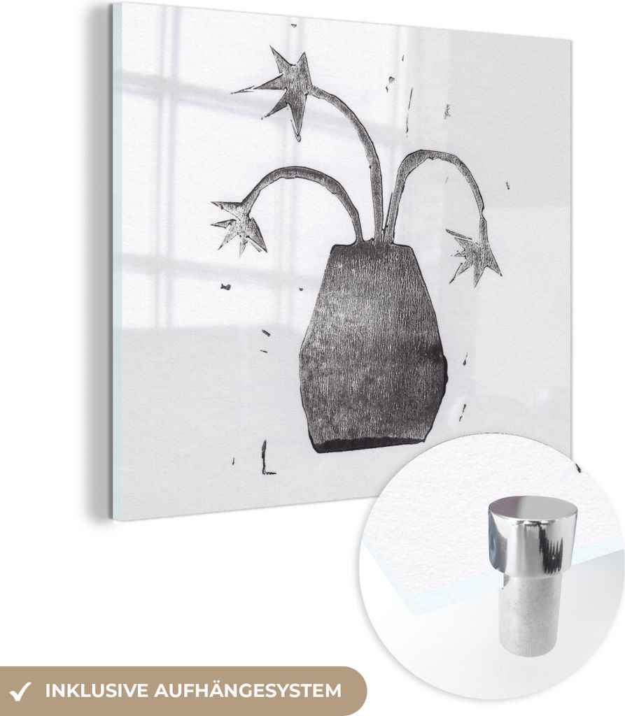 MuchoWow Glasbilder - Bilder auf Wandbild - Foto auf Glas Pflanze - Vase - Schwarz - Weiß - Blume 20x20 cm Wanddekoration aus Glas - Acrylglasbild...