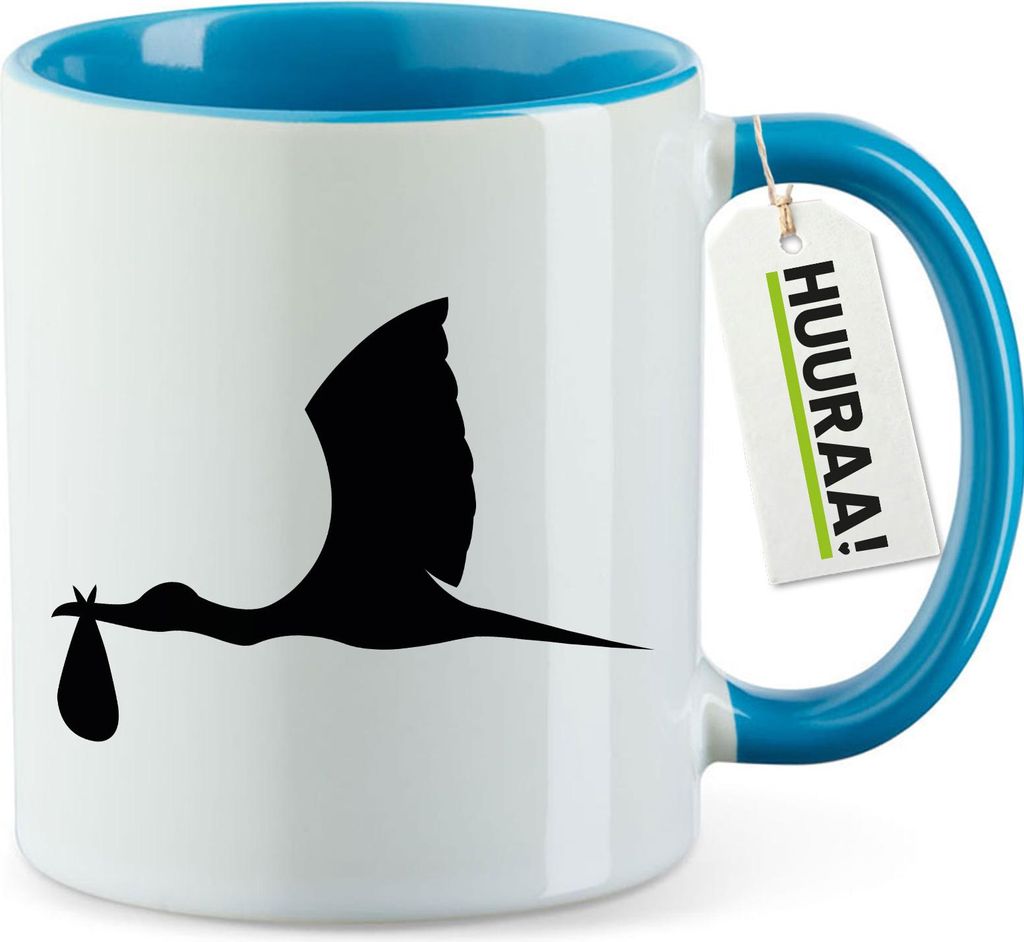 Huuraa Kaffeetasse Klapperstorch mit Baby Silhouette 330ml Blau Keramik Kaffeebecher Geschenkidee