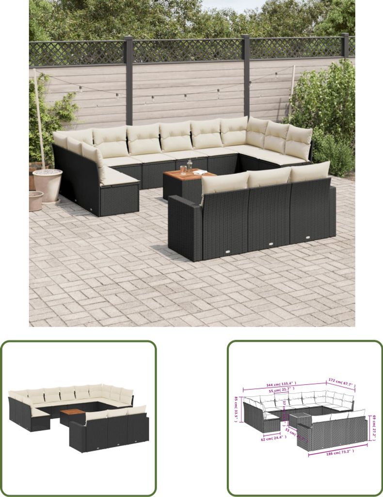 The Living Store 14-tlg. Garten-Sofagarnitur mit Kissen Schwarz Poly Rattan