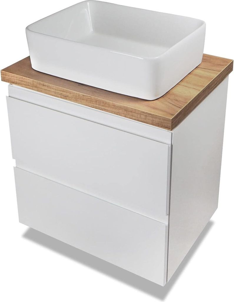 VBChome Badmöbel 60 cm Weiß Aufsatzwaschbecken ohne Hahnloch 48x37 cm Aufsatzwaschtisch mit Waschbeckenunterschrank 2 Schubladen Moduo Badezimmer...