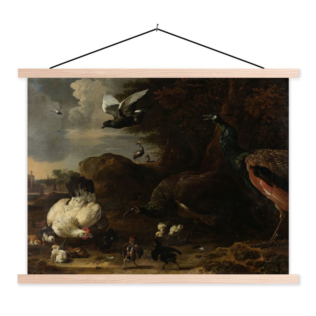 MuchoWow Textilposter Eine Henne mit Küken, bedroht von zwei Pfauen - Gemälde von Melchior d'Hondecoeter 150x113 cm mit holzfarbenen Rahmen - P...