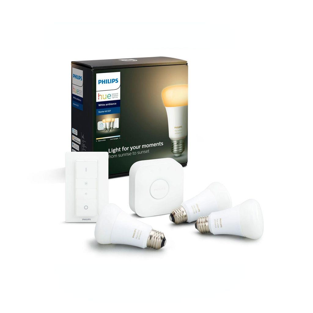 Philips Hue White ambience Starter-Set: 3 smarte Lampen E27 (800) + Dimmschalter, Set für intelligente Beleuchtung, Bluetooth/Zigbee, Weiß, LED, ...