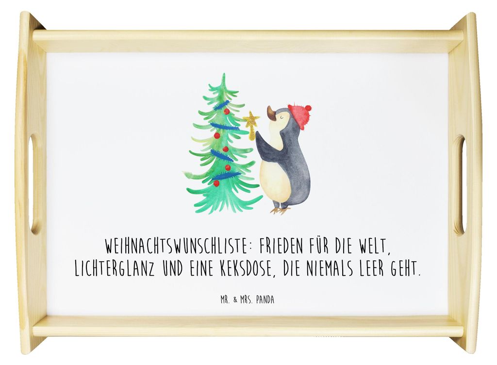 Mr. & Mrs. Panda Tablett Pinguin Weihnachtsbaum - Weiß - Geschenk, Holztablett, Winter, Deko, Servierplatte Holz, Weihnachten, Dekotablett, Servier