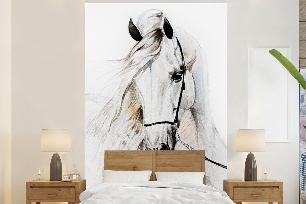 MuchoWow Fototapete für Wohnzimmer oder Schlafzimmer Wandtapete Vinyl Motivtapete Pferd - Aquarell - Tiere - Weiß - 200x300 cm - Kindertapete -...