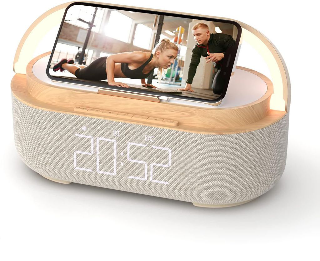 Radiowecker Digital mit Wireless Charger, Bluetooth Lautsprecher mit USB-Ladegerät, Smart Wecker Schlummerfunktion Induktive Ladestation, Nachtlampe