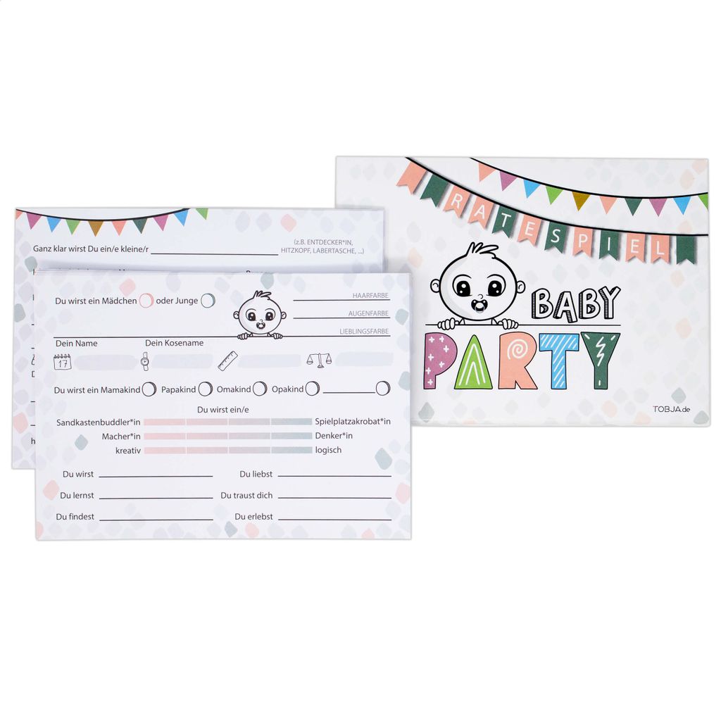 Babyparty Spiele Babyshower deutsch - Ratespiel-Karten zum ausfüllen | Für Baby-Shower Party oder während der Schwangerschaft | Orakel Wunschkar...