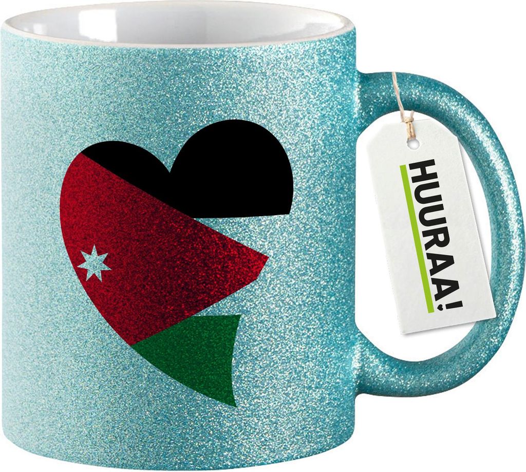 Huuraa Glitzertasse Jordanien Flagge Herz 330ml Blau Keramik Kaffeebecher Geschenkidee