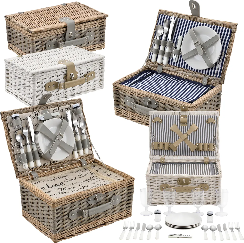 Panier de pique-nique complet en osier gris pour 2 personnes avec vaisselle