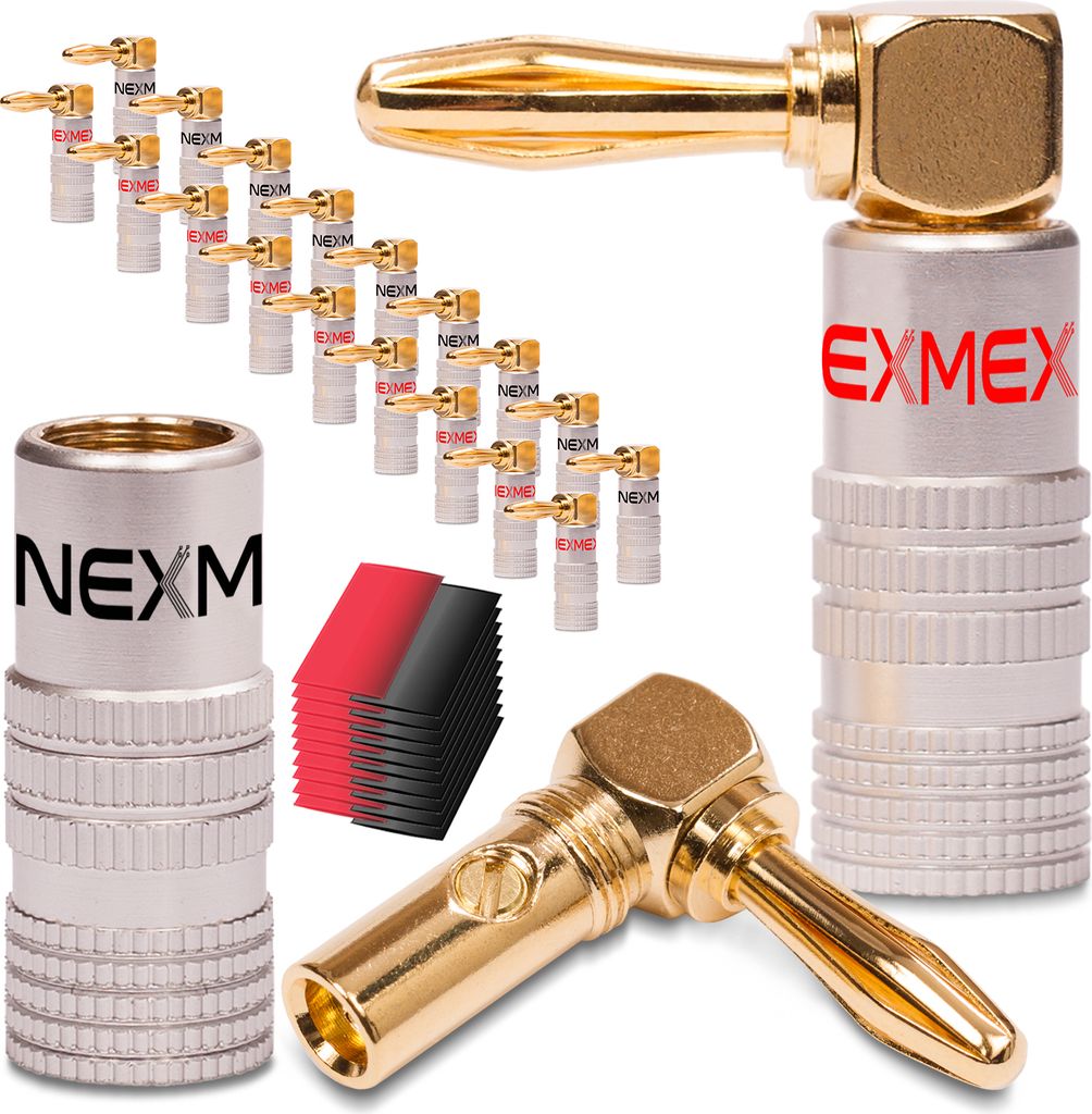 20x High End NEXMEX Winkel Bananenstecker Schrumpfschlauch 24K vergoldet Banana