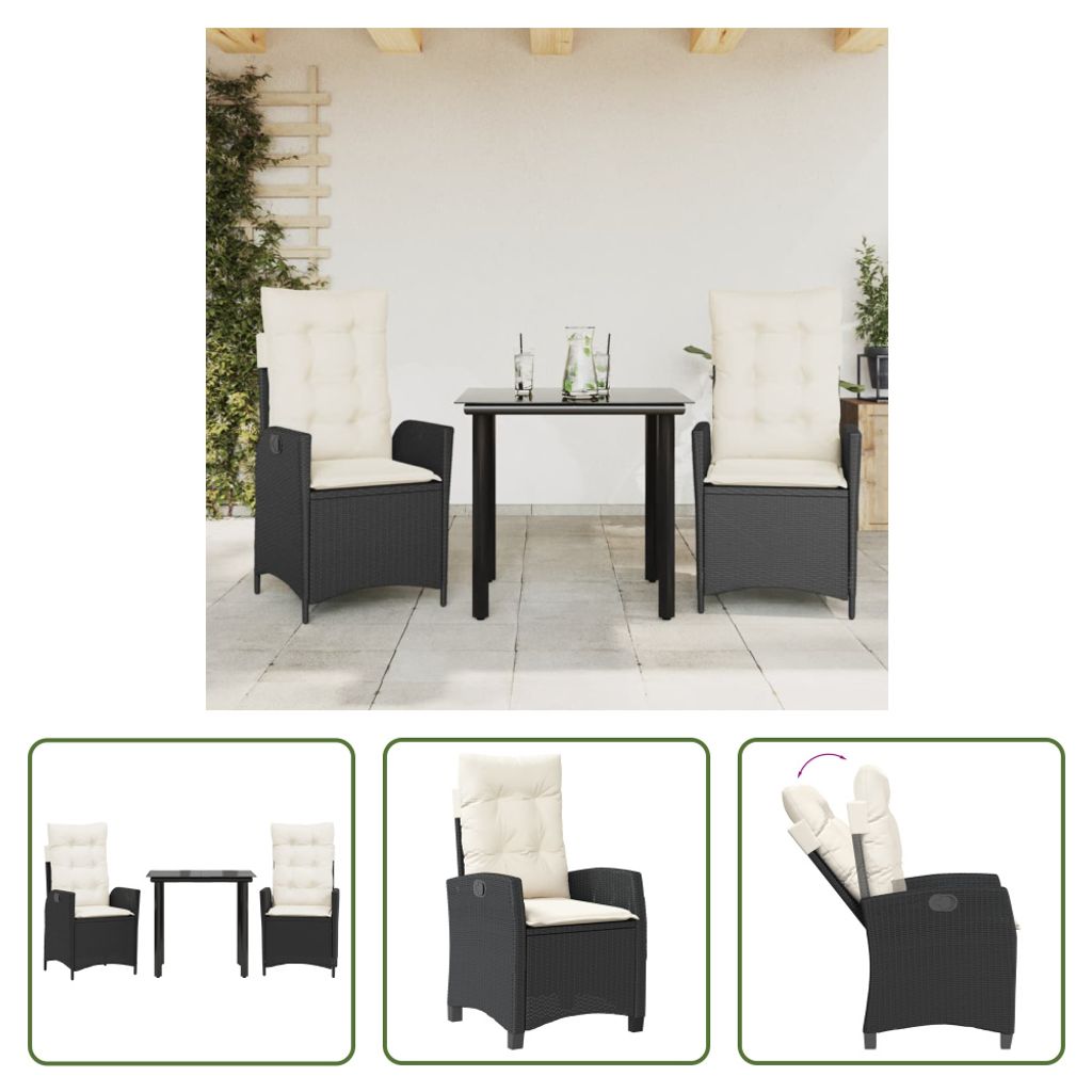 The Living Store 3-tlg. Garten-Essgruppe mit Kissen Schwarz Poly Rattan