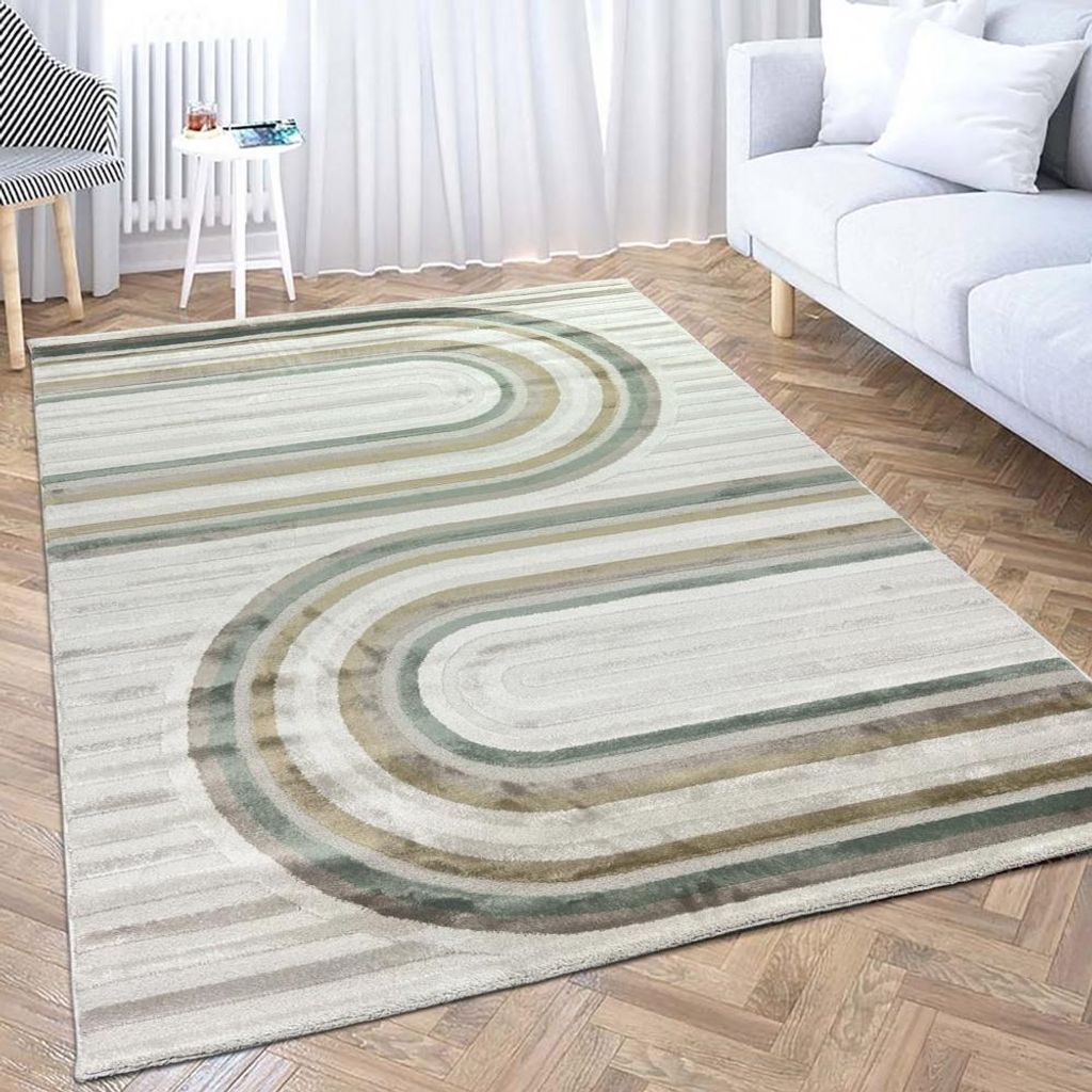 Kurzflorteppich modern Creme Beige Grün Braun Muster weich Glanzeffekt pflegeleicht Wohnzimmer Schlafzimmer Flur Größe - 120 x 170 cm