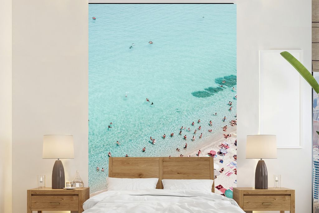 MuchoWow Fototapete für Wohnzimmer oder Schlafzimmer Wandtapete Vinyl Motivtapete Meer - Strand - Sonnenschirme - Blau - Sommer - 195x300 cm - D...