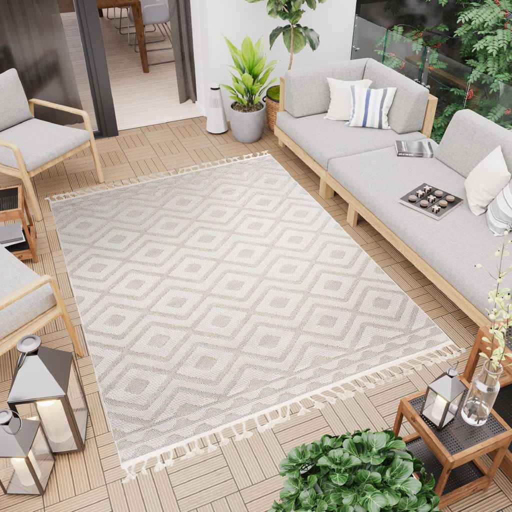 Teppich 3D Struktur Indoor Outdoor Modern Design Fransen Ethno Creme Beige 160 x 220 cm