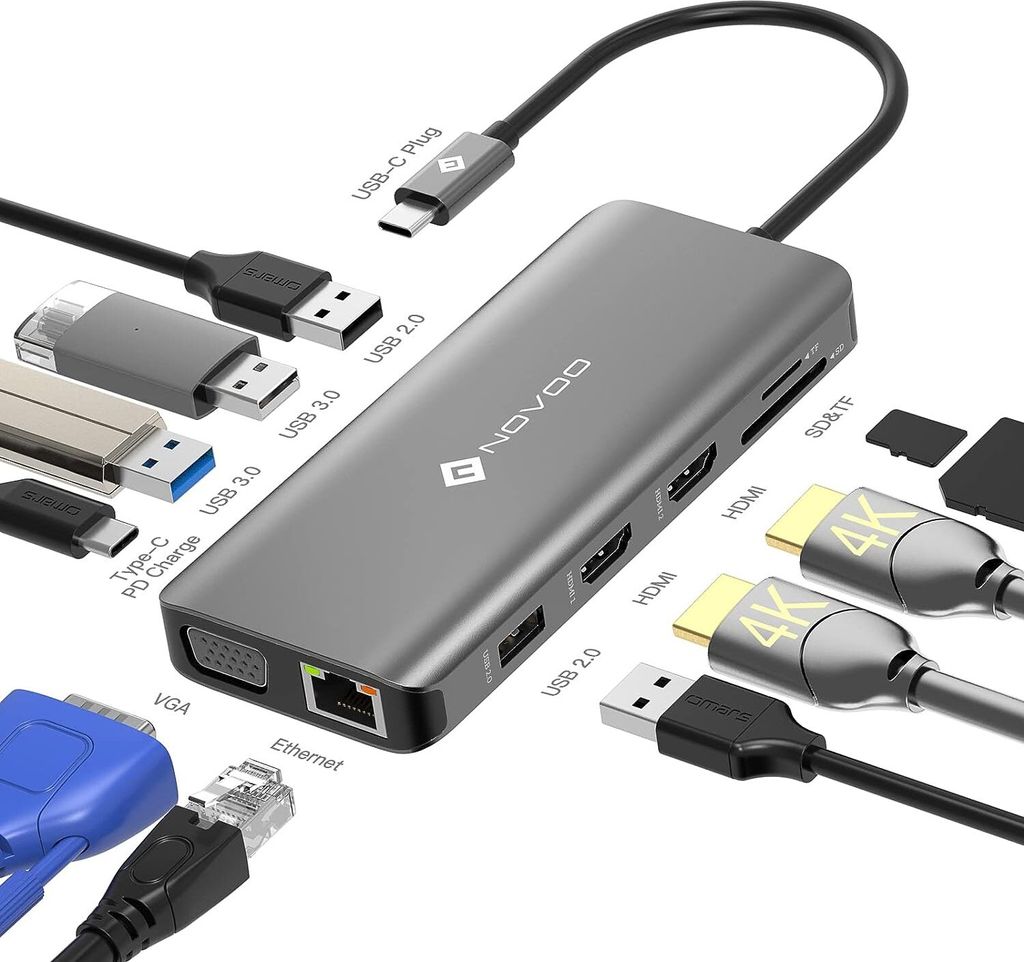 NOVOO Triple Display USB-C Hub Dual 4K HDMI+VGA USB C Adapter, Gigablit Ethernet RJ45,PD 100W, 4x USB Datenports, SD/TF Kartenleser Multiport