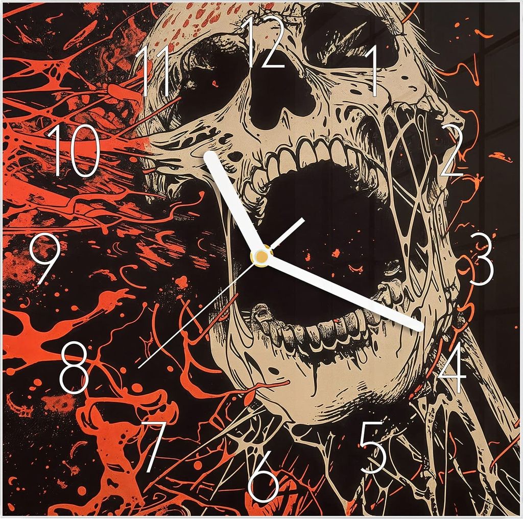 Wanduhr aus Glas mit Motiv Schreiendes Schädel- 30 x 30 cm - inkl. Aufhängesystem