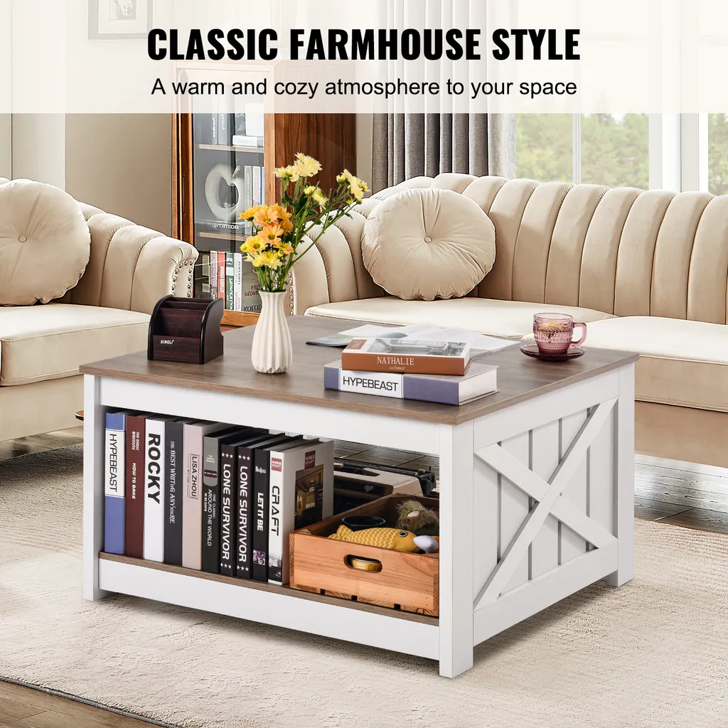 VEVOR Table Basse Carrée Style Ferme avec Rangement Ouvert Bois Rustique - 3