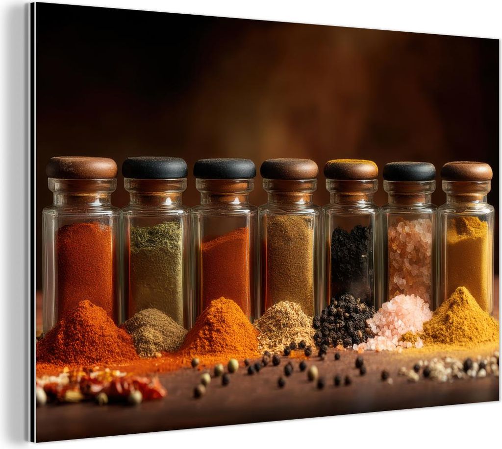 MuchoWow Wanddekoration Metall Metallbild Wandkunst 120x80 cm Gläser - Kräuter - Gewürze - Körner MuchoWow Aluminium Gemälde - Alu Bild