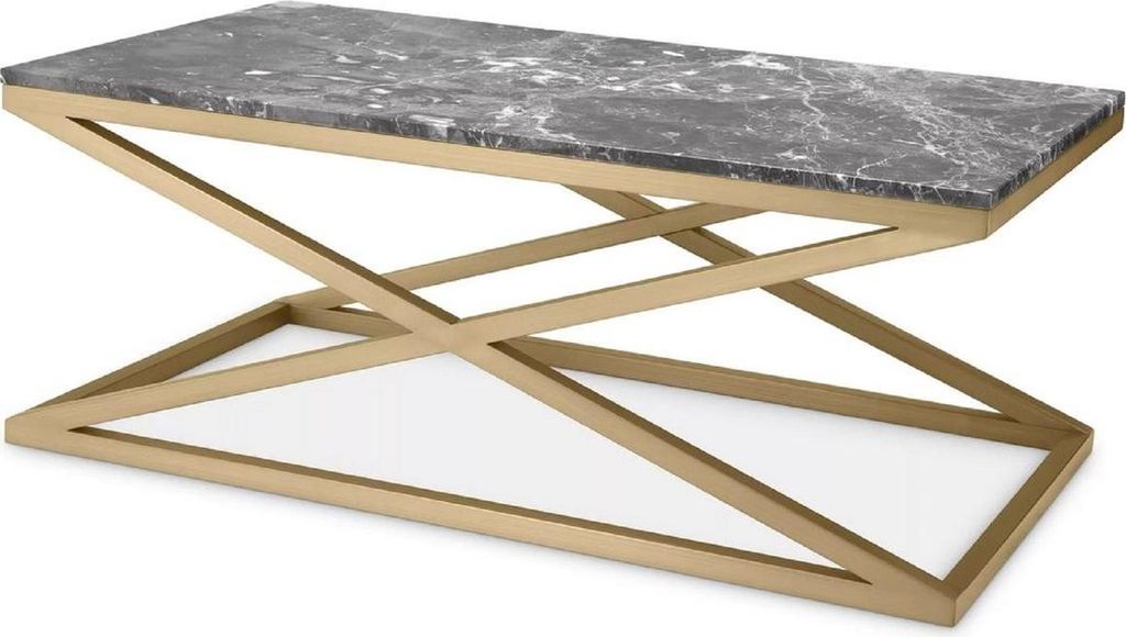 Casa Padrino Luxus Couchtisch Messing / Grau 120 x 70 x H. 47 cm - Rechteckiger Edelstahl Wohnzimmertisch mit Marmorplatte - Wohnzimmer Möbel - Lu...