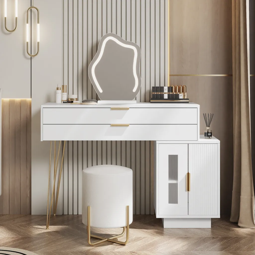 Table de maquillage extensible blanche avec miroir LED Abrihome Design