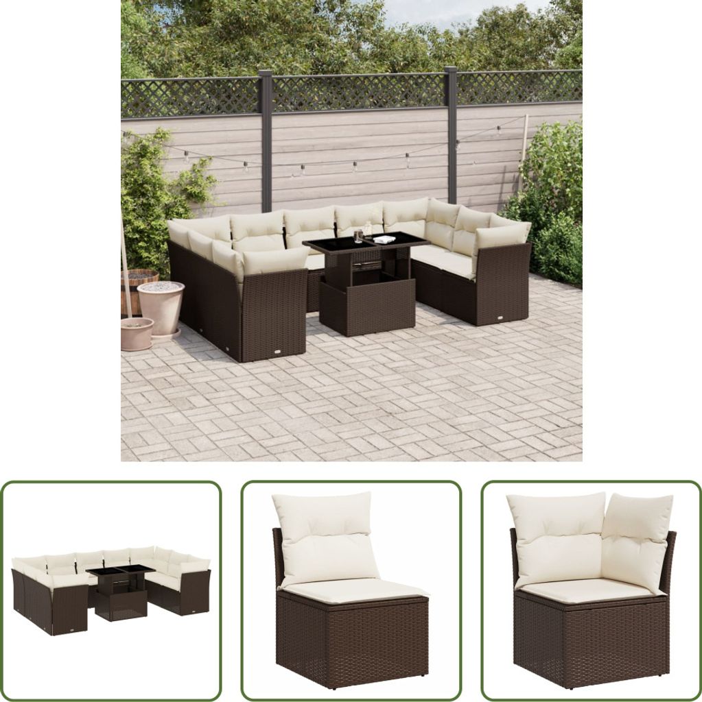 The Living Store 10-tlg. Garten-Sofagarnitur mit Kissen Braun Poly Rattan