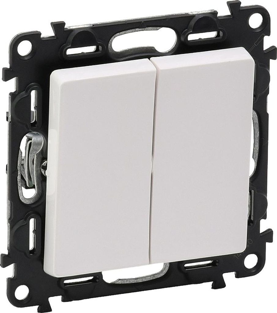 A close-up, front-facing view of a white double light switch mounted on a black frame.