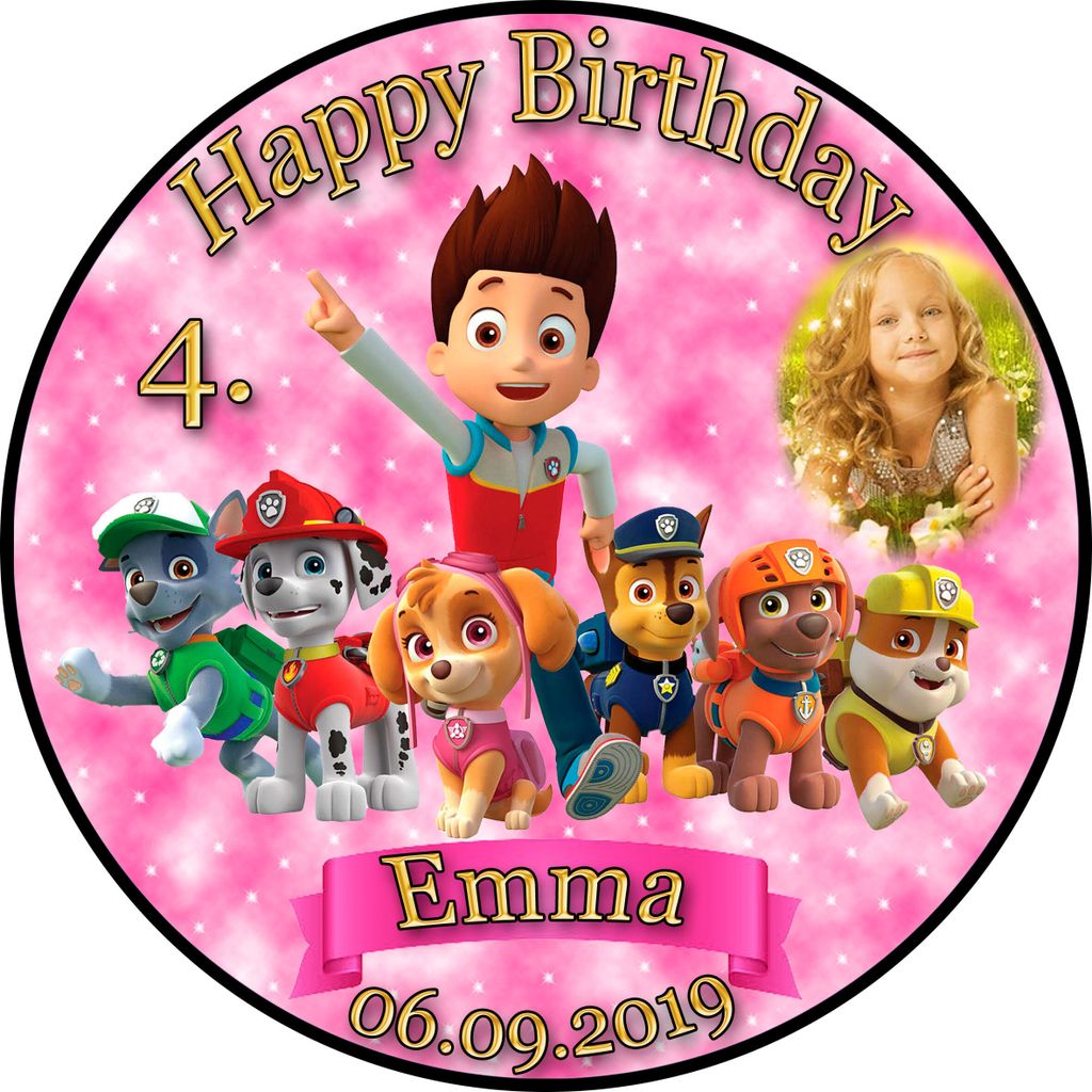 Tortenaufleger Fototorte Tortenbild Kindergeburtstag Paw Patrol PP02 (Zuckerpapier) Rund 14 cm Ø mit Banner & Foto Pink