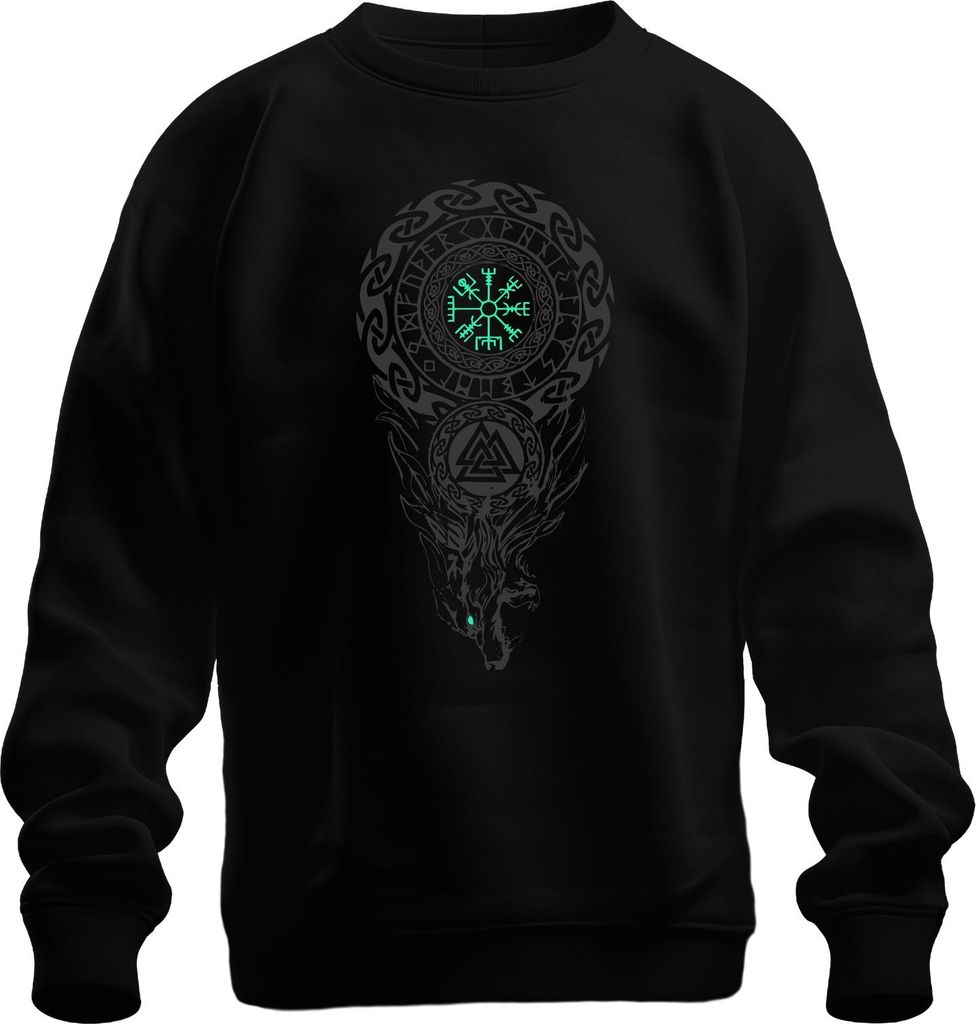 Vegvisir Wikinger Kompass nordisch Runenkreis Valknut Fenris Wolf Uni Sweatshirt Pullover, Schwarz, M