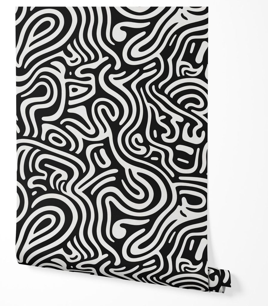 Vliestapete Schwarz Weiß Abstrakte Wellen Muster Fließende Linien Organische Formen Modernes Psychedelisches Design Kontrastreich Zeitgenössisch...