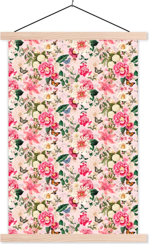 MuchoWow Textilposter Blumen - Rosa - Muster 60x90 cm mit holzfarbenen Rahmen - Textil