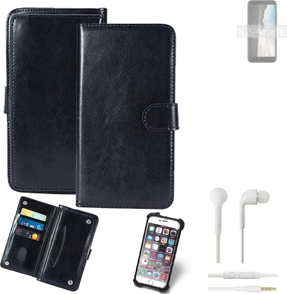 K-S-Trade 360° Hülle kompatibel mit Nokia C2 Tava inkl. Headphones schwarz Kunstleder Case BookCase WalletCase Kunstlederederhülle Handyhülle,