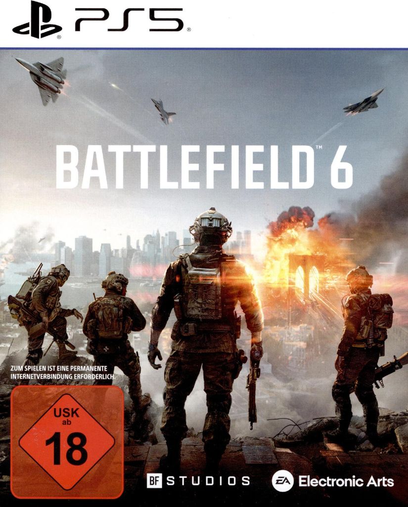 The cover art for the video game Battlefield 6 on PS5, featuring soldiers and fighter jets in a war-torn city.