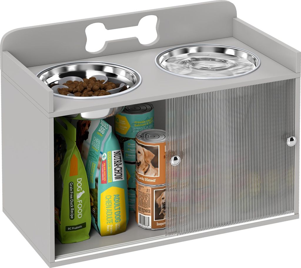Erh?hte Futterstation mit 2 N?pfen und Schrank. MDF. Edelstahl. Knochenmuster. Grau