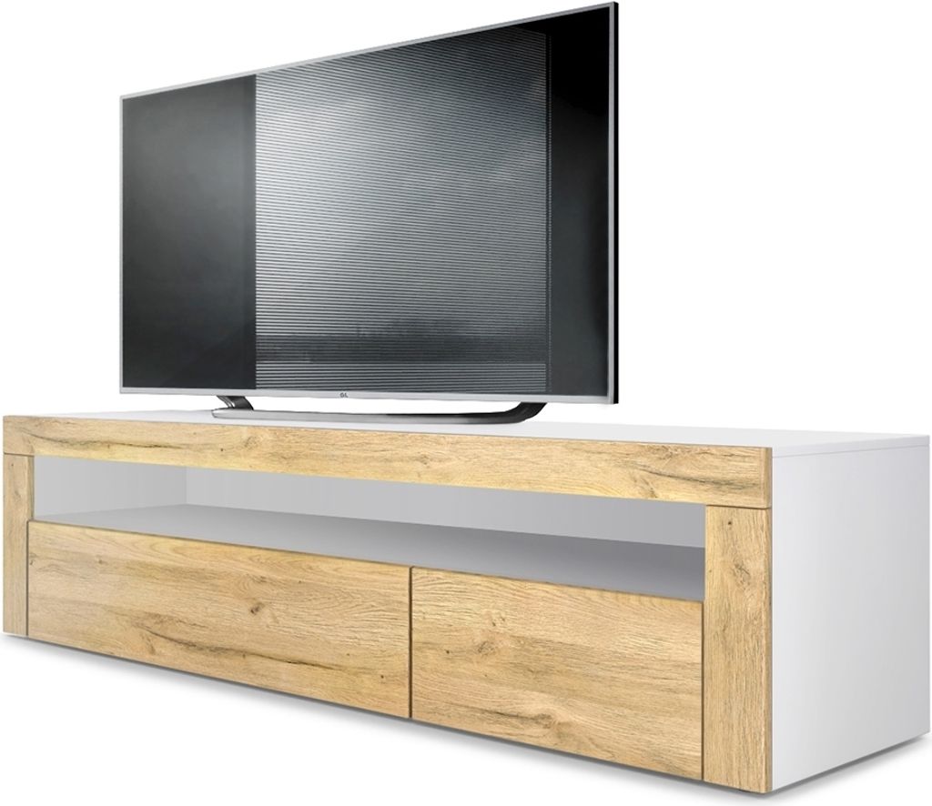 Vladon Lowboard Valencia, Germany, TV-Kommode mit 1 offenem Fach und 2 Klappen, Weiß matt/Eiche Natur/Eiche Natur (155 x 46 x 40 cm)