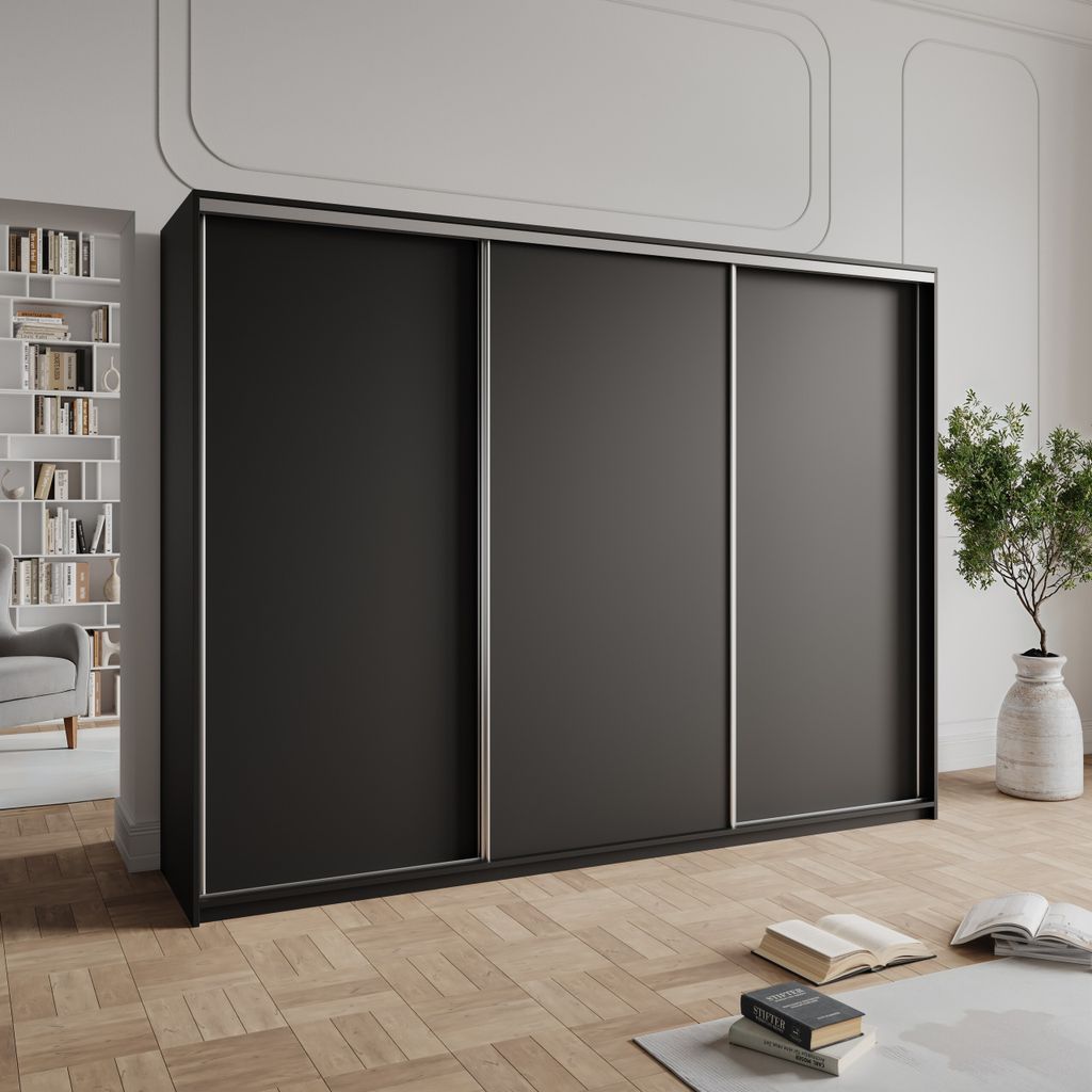 Masseno Schiebetürenschrank NISSE 270/205/60 cm Kleiderschrank mit Schubladen Schlafzimmer Schrank 3-türig Schwarz + Satin