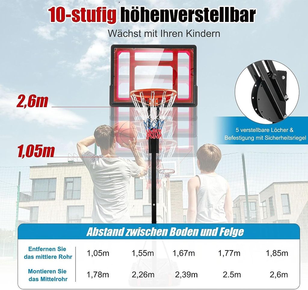 Soulchen Pool-Basketballkorb – Verstellbar 1,5–2,05 M, Mit 4 Rädern, Bruchsicherer Rückwand (76x50 Cm), Inkl. Standfuß (ohne Ball)