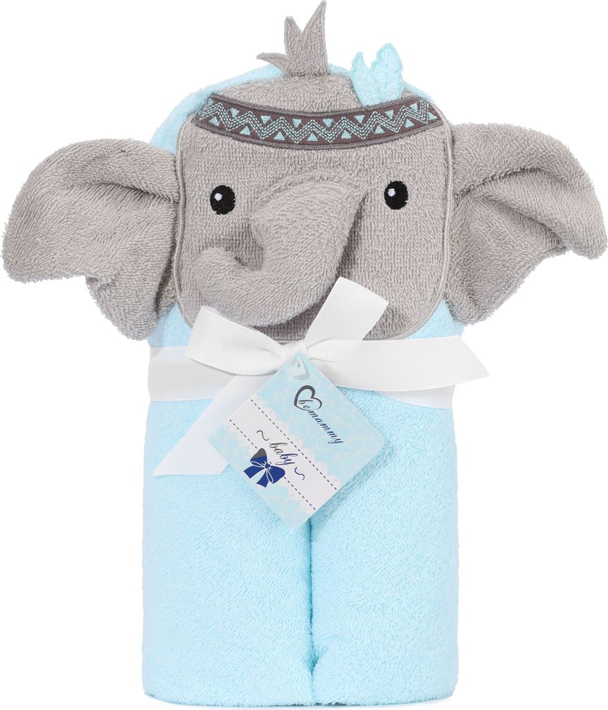 Be Mammy Kapuzenhandtuch Babyhandtuch aus Baumwolle 95cm x 95cm BE20-272-BBL (Blau - Elefant, 95 cm x 95 cm)
