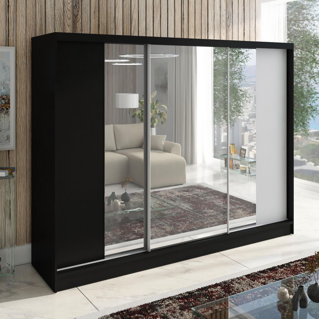 Schwebetürenschrank, 3 -türig Schrank 200 cm mit Spiegel VIDA (Schwarz,Weiß)