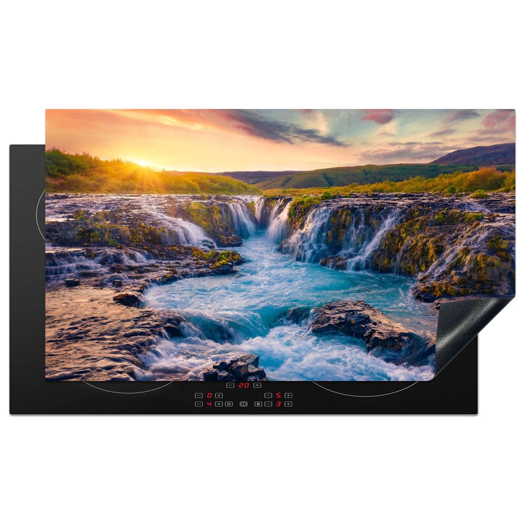 KitchenYeah Herdabdeckplatte Wasserfall - Pflanzen - Moos - Landschaft - Sonnenuntergang - Fels , 91x52cm, Küche Deko, Glaskeramikkochfeld Herda...